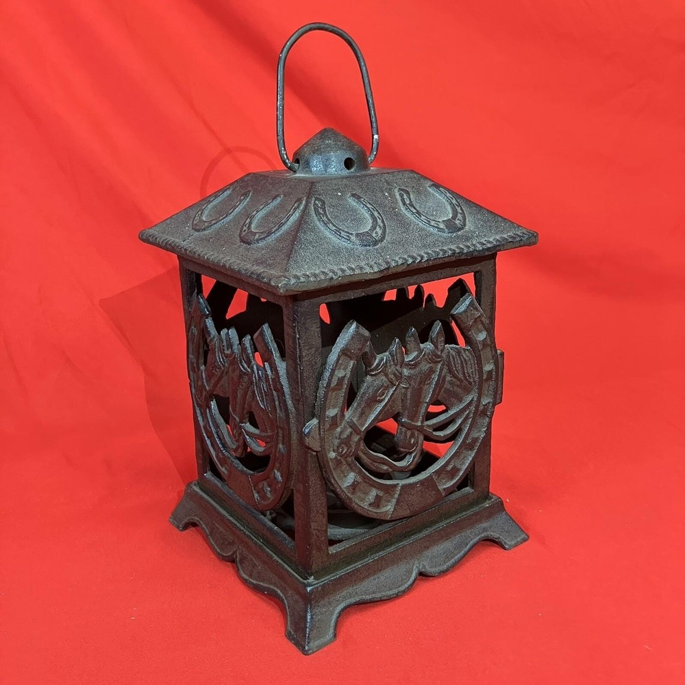Vintage Lucky Horse Shoe Cast Iron Lantern / Equine Garden Lighting / 11.5″h